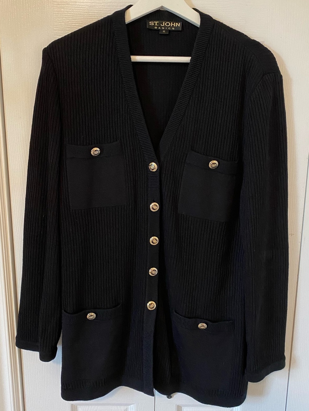 St. John Basics Black Ribbed Knit Jacket Cardigan Gold Signature Buttons Size 12